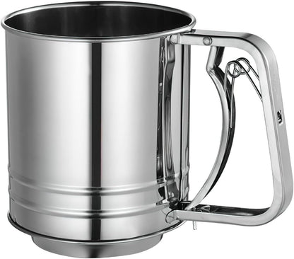 Flour Sifter for Baking, 304 Stainless Steel 5 Cup Flour Sieve Fine Mesh Screen Powder Sifters with Loop Agitator for Quick Sifting, Hand Crank Sifter for Cooking Baking Kitchen Sugar Utensil DIY