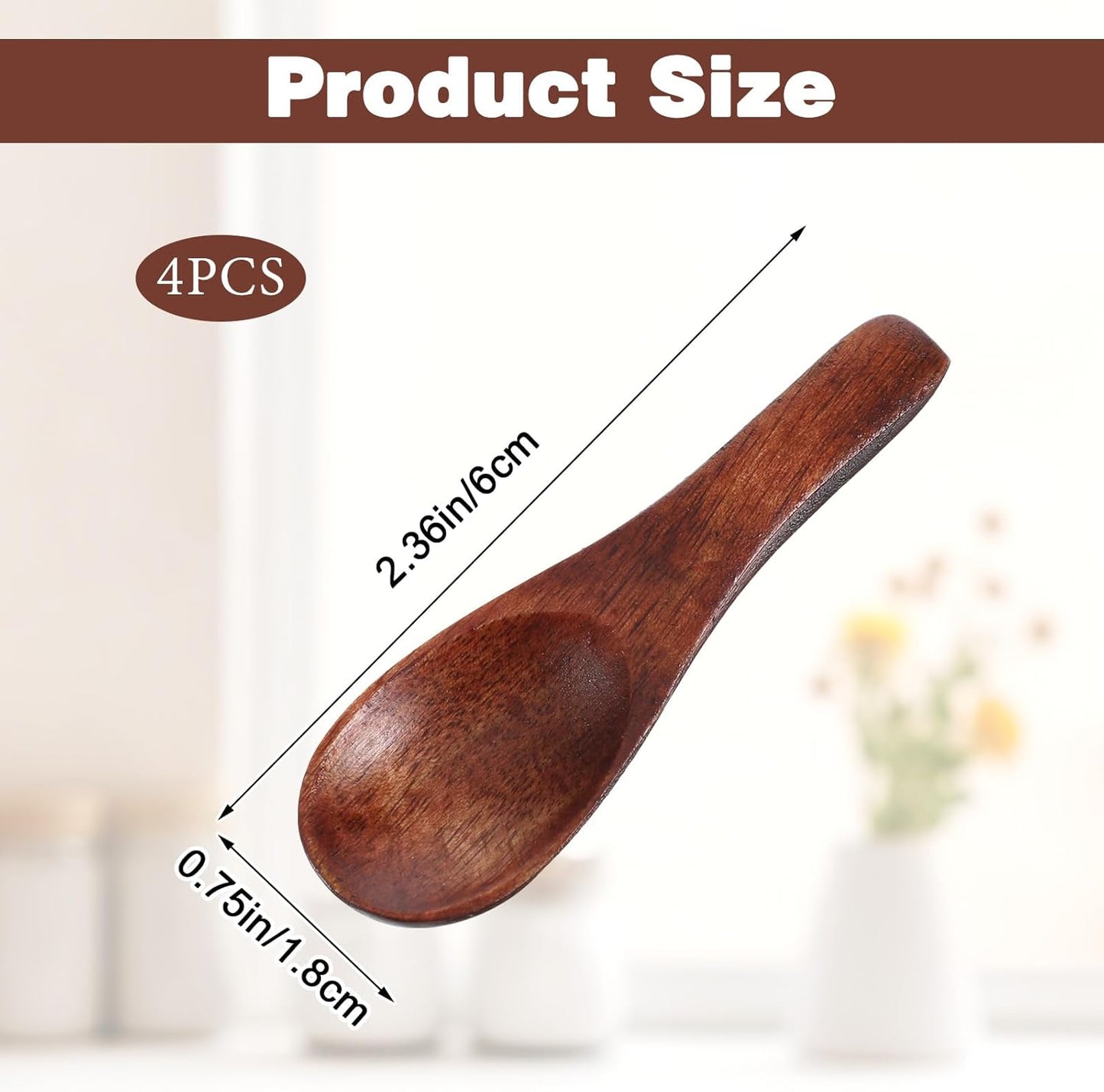 4 Pack Handcrafted Tiny Wooden Spoons - Mini Scoops for Spice Jars, Honey, Mustard, Sauces & Seasoning - Natural Wood Kitchen Utensils for Cooking & Serving
