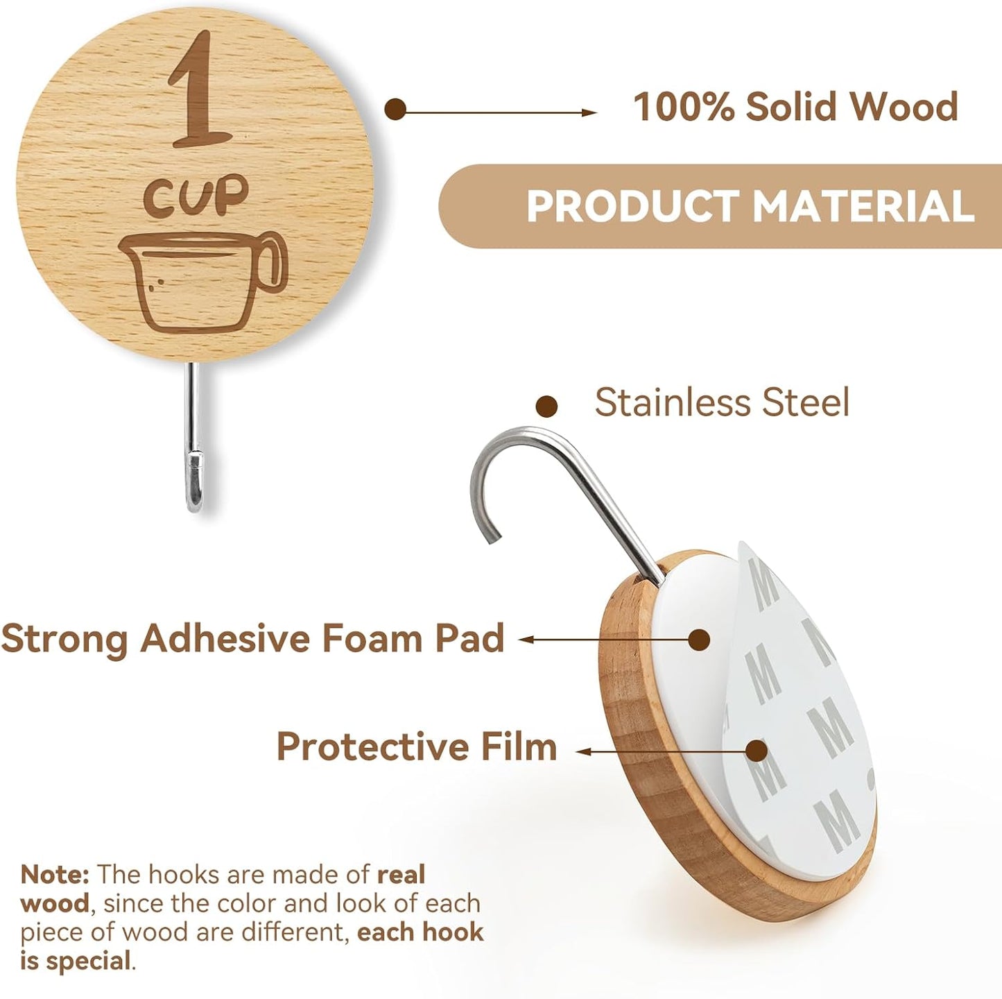 Measuring Cup and Spoon Organizer, 12 Pack Adhesive Wood Hooks for Hanging, Kitchen Hooks for Space Saving Storage