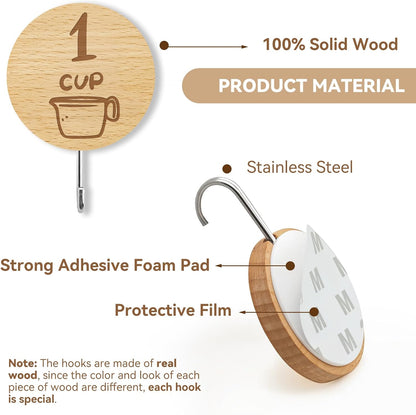 Measuring Cup and Spoon Organizer, 12 Pack Adhesive Wood Hooks for Hanging, Kitchen Hooks for Space Saving Storage