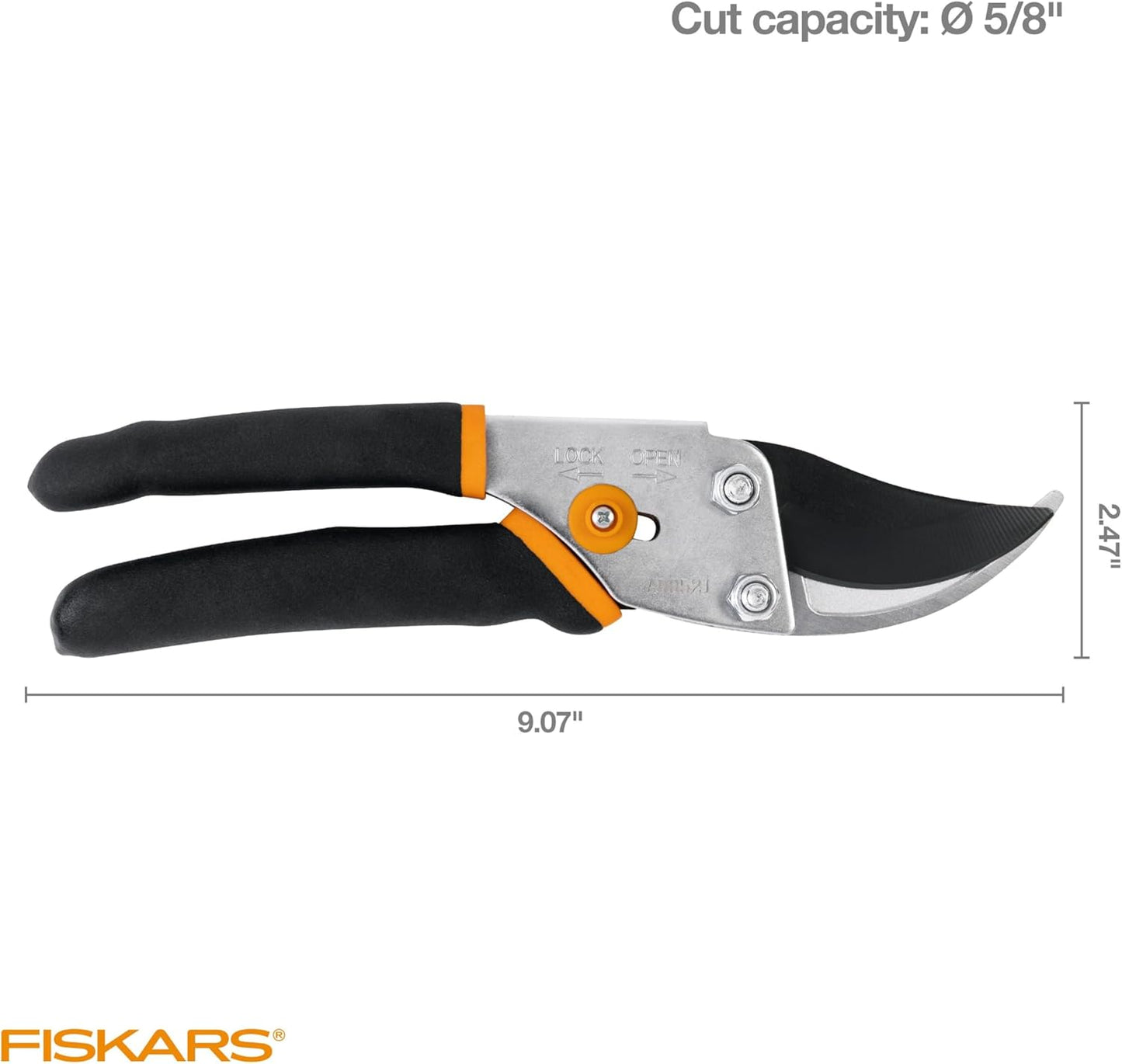 Fiskars Bypass Pruning Shears, 5/8" Cut Capacity Gardening Scissors, Self-Cleaning Sap Groove Prevents Sticking, Non-Slip Grip for Cutting Stems & Branches, Sharp Steel Blades w/ Low-Friction Coating