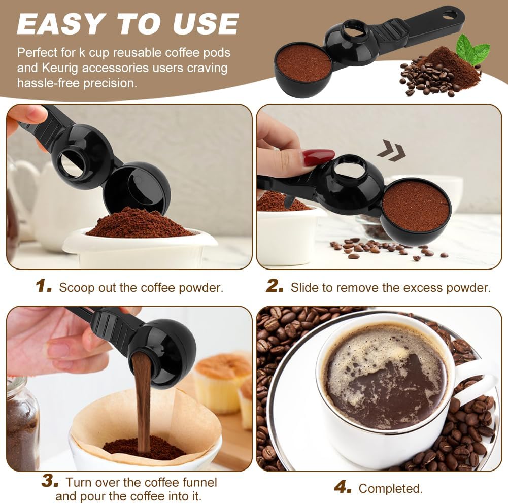 Coffee Scoop & Funnel for K-Cups Reusable, Coffee Spoon with Slide Scoop Measuring Scoo p with Funnel for Filling Water Bottles for Ground Coffe e Protein Powder without Spilling
