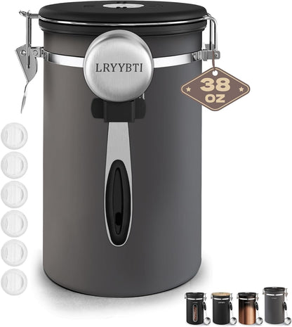Coffee Canisters with Window,Scoop and Airtight Lid Stainless Steel Kitchen Bean Storage Grounds Container Date Tracker and Scoop for Grounds Coffee Bar Accessories (Cream+window, 22 oz)