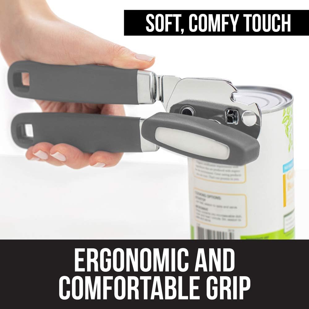 Gorilla Grip Manual Handheld Strong Can Opener, Sharp Cutting Wheel for Smooth Edge Cut, Oversized Easy to Use Turn Knob, Comfortable Soft Handle, Includes Built in Bottle Opener, Salt Gray