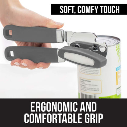 Gorilla Grip Manual Handheld Strong Can Opener, Sharp Cutting Wheel for Smooth Edge Cut, Oversized Easy to Use Turn Knob, Comfortable Soft Handle, Includes Built in Bottle Opener, Salt Gray