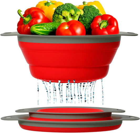 Comfify Ultimate Kitchen Strainers Set of 2 - Collapsible Silicone Colanders For Easy Storage - Use with Pasta & Veggies or as a Fruit or Berry Bowl with Strainer - Irreplaceable for Campers - Red