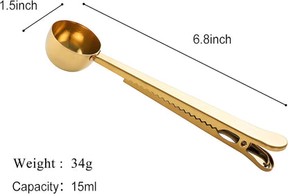 Coffee Scoop Spoon with Bag Clip 2 Pcs,1 Tbsp Stainless Steel Long Handle Measuring Spoons for Ground Coffee and Beans, Loose Tea and Powder(Silver / 15ML)