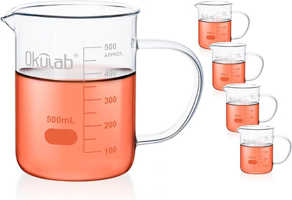 Glass Beakers with Handle, 2 Pcs Vol 600ml 3.3 Borosilicate Glass Beaker Measuring Cups with Spout for Laboratories, Classrooms or Home, Lab Beakers, BKLGH600A2