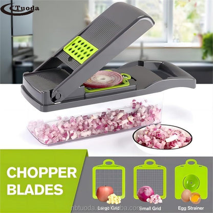All-In-One, 12 Blade Mandoline Slicer, Vegetable Spiralizer, Cutter, Dicer, Food Chopper, Grater, Kitchen Gadgets Sets with ContainerPro Onion Chopper Veggie Chopper With Container(Grey green) slicer