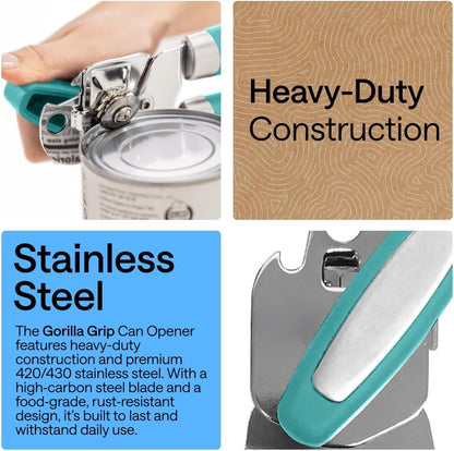 GORILLA GRIP Heavy Duty Stainless Steel Smooth Edge Manual Can Opener and Bottle Openers, US Designed, Soft Comfortable Handle, Oversized Handheld Turn Knob, Multifunctional Kitchen Tool, Black