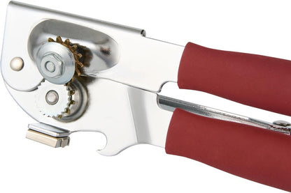 Restaurantware Stainless Steel Magnetic Manual Can Opener - German Standard Red Crank Can Opener with Magnet, Ergonomic Handles, Non-Slip - Heavy-Duty Hand Can Opener, Easy Turn, Sharp Blade