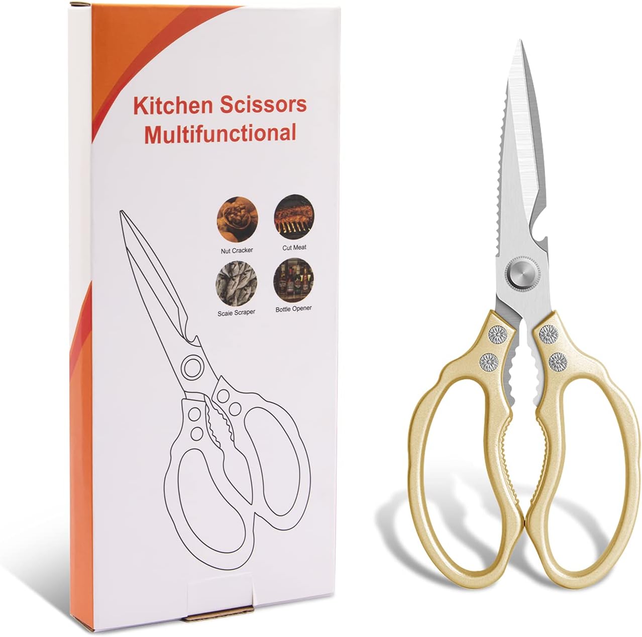 CGBE Kitchen Scissors, Multi-Purpose Kitchen Shears, Heavy Duty Dishwasher Safe Food Scissors for Chicken, Poultry, Fish, Meat & Herbs with Non-Slip Grips - Sliver