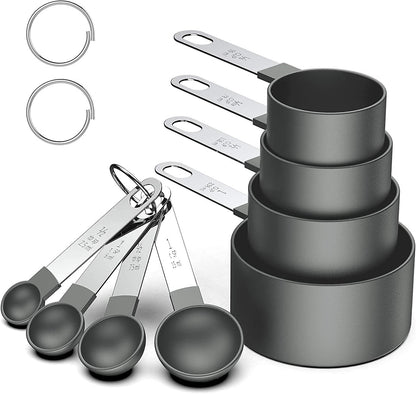 8 Pcs Measuring Cups and Spoons Set, Stackable Black Measuring Spoons for Measuring Dry and Liquid Ingredients Small Teaspoon with Plastic Head