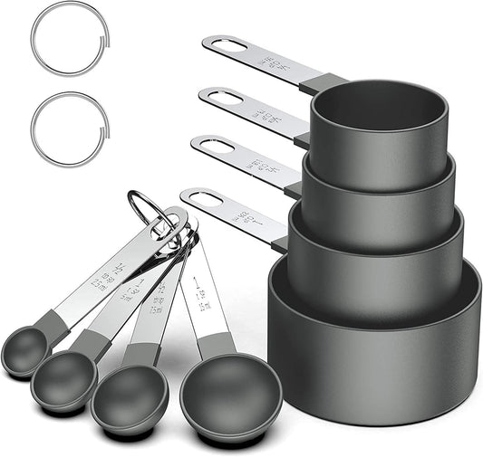 8 Pcs Measuring Cups and Spoons Set, Stackable Black Measuring Spoons for Measuring Dry and Liquid Ingredients Small Teaspoon with Plastic Head