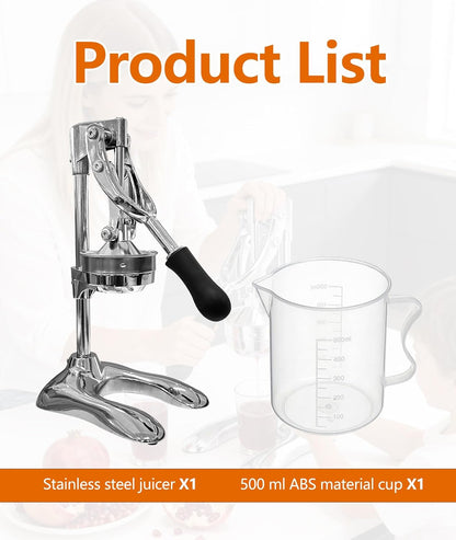 Manual Juicer Professional Hand Press - Heavy Duty Stainless Steel Citrus Squeezer for Orange, Lemon & Pomegranate with Stable Base and Measuring Cup, Commercial Grade Extraction