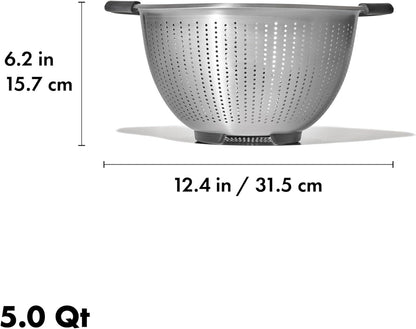 OXO Good Grips Stainless Steel Colander, 5 qt. Capacity, Strainer with Non-Slip Handles, Kitchen Colander for Pasta and Vegetables, Nesting Stainless Steel Strainer and Sieve