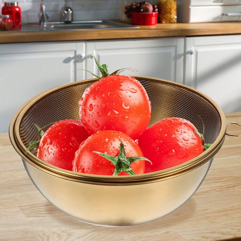 Amosfun Stainless Steel Colander Rice Strainer With Mixing Bowl - Rice Filter Basket Washing Bowl Space-saving Design Easy to Use