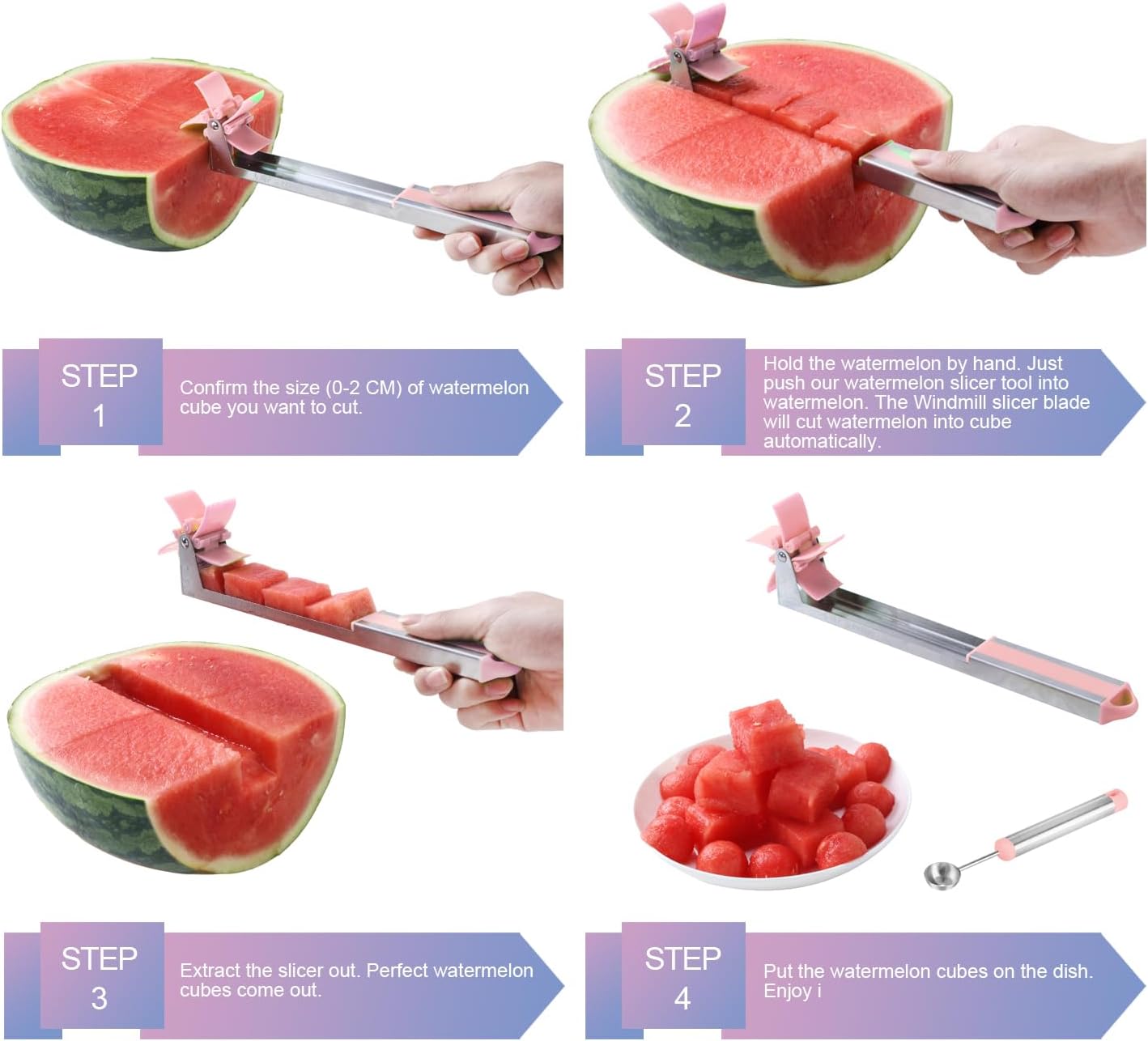 Watermelon Slicer Watermelon Cube Cutter Knife Corer Windmill Stainless Steel Watermelon Fruit Tools with Melon Baller Scooper Easy Slicer Unique Kitchen Gadgets Watermelon Knife Home Gift (Pink)