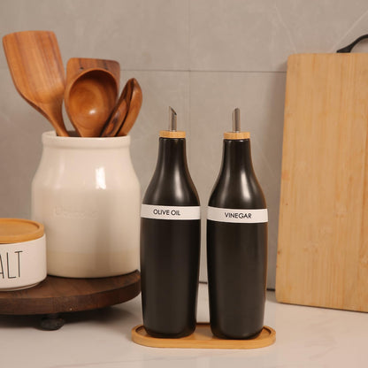 HOMCDALY Ceramic Olive Oil Dispenser for Kitchen, Stoneware 16oz Oil and Vinegar Bottles Dispenser, Kitchen Dispenser Bottle for EVOO Vinegar Syrups, Modern Farmhouse Design(W)