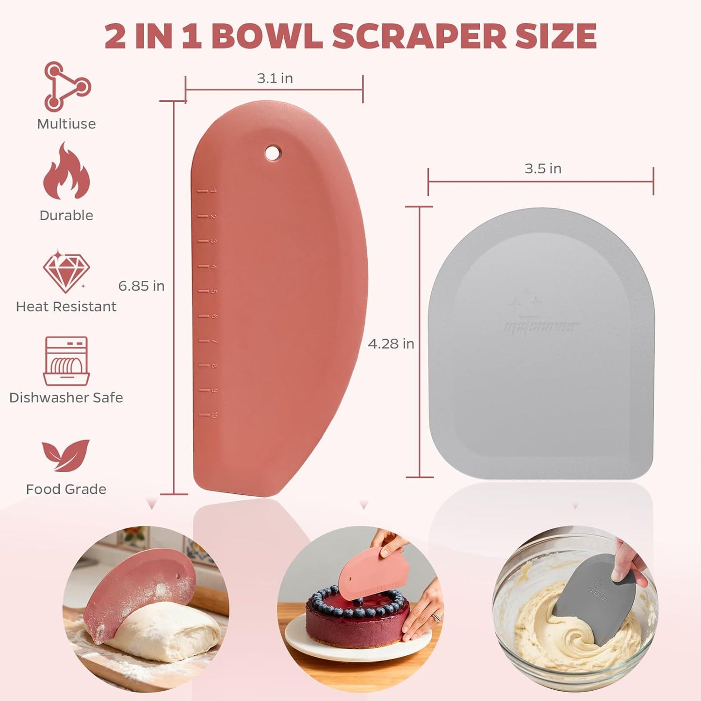 Bowl Scraper Dough Scraper Tool - Set of 2 Silicone Bench Scraper for Baking, Kitchen Pastry Scraper for Bread, Cake, Batter, cheese, Cream, Honey, Jam, Food Scraper with Curved Edge, Blue & Grey