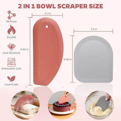 Bowl Scraper Dough Scraper Tool - Set of 2 Silicone Bench Scraper for Baking, Kitchen Pastry Scraper for Bread, Cake, Batter, cheese, Cream, Honey, Jam, Food Scraper with Curved Edge, Blue & Grey