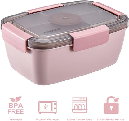 Caperci Large Salad Container Bowl for Lunch - Better Adult Bento Lunch Box 68 oz, 5-Compartment Tray, 2pcs 3-oz Sauce Cups, Stackable, BPA-Free (Navy)