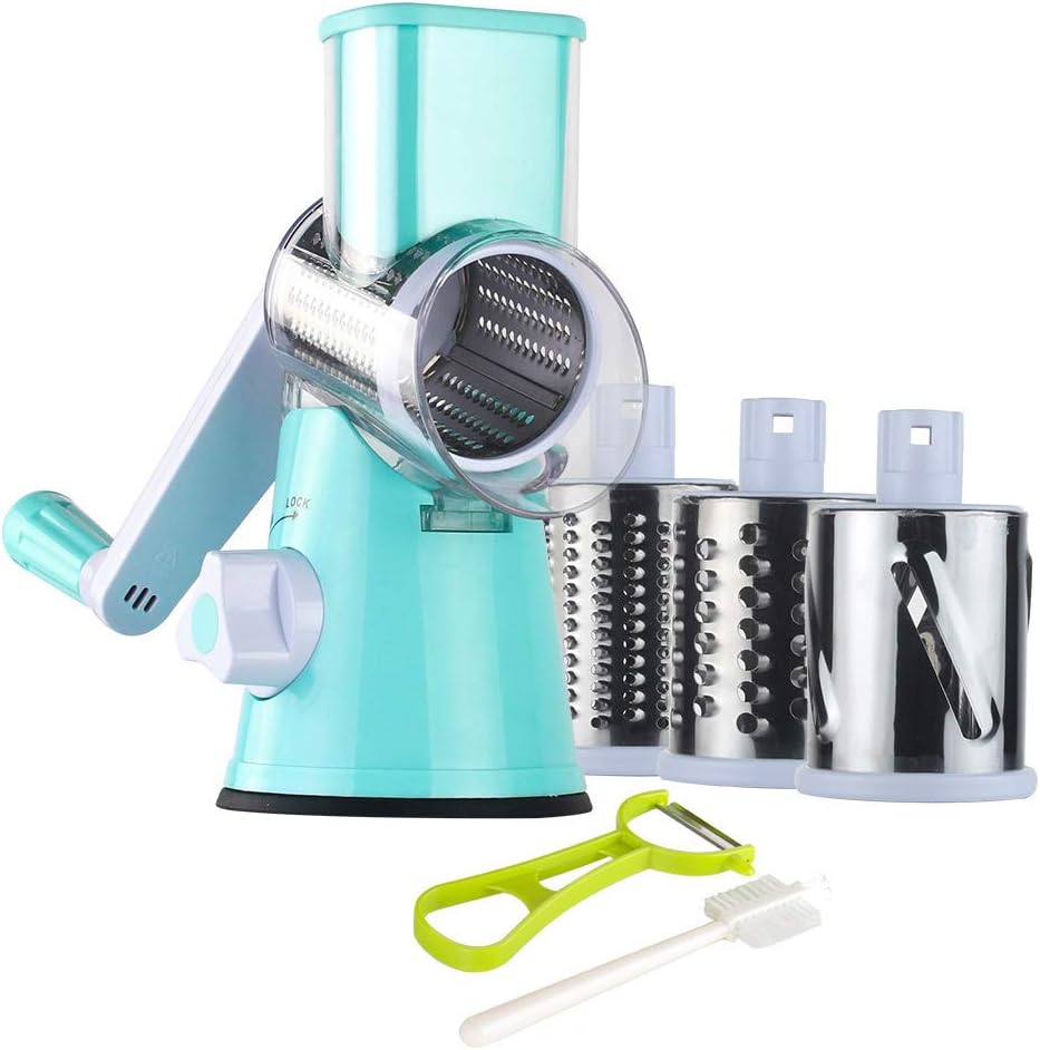 Ourokhome Rotary Cheese Grater Hand Crank, Kitchen Shredder Speed Mandolin Slicer Nut Grinder with Handle and Drum Blades for Cheese, Vegetable, Walnut, Chocolate, Potato, Carrot, 3 Blades, Dark Blue