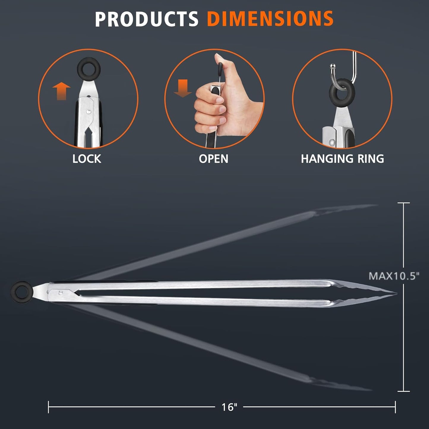 Hotec Stainless Steel Kitchen Tongs, Set of 2-9" and 12", Locking Metal Food Tongs for Cooking, Serving, BBQ, Grill Non-Slip Grip