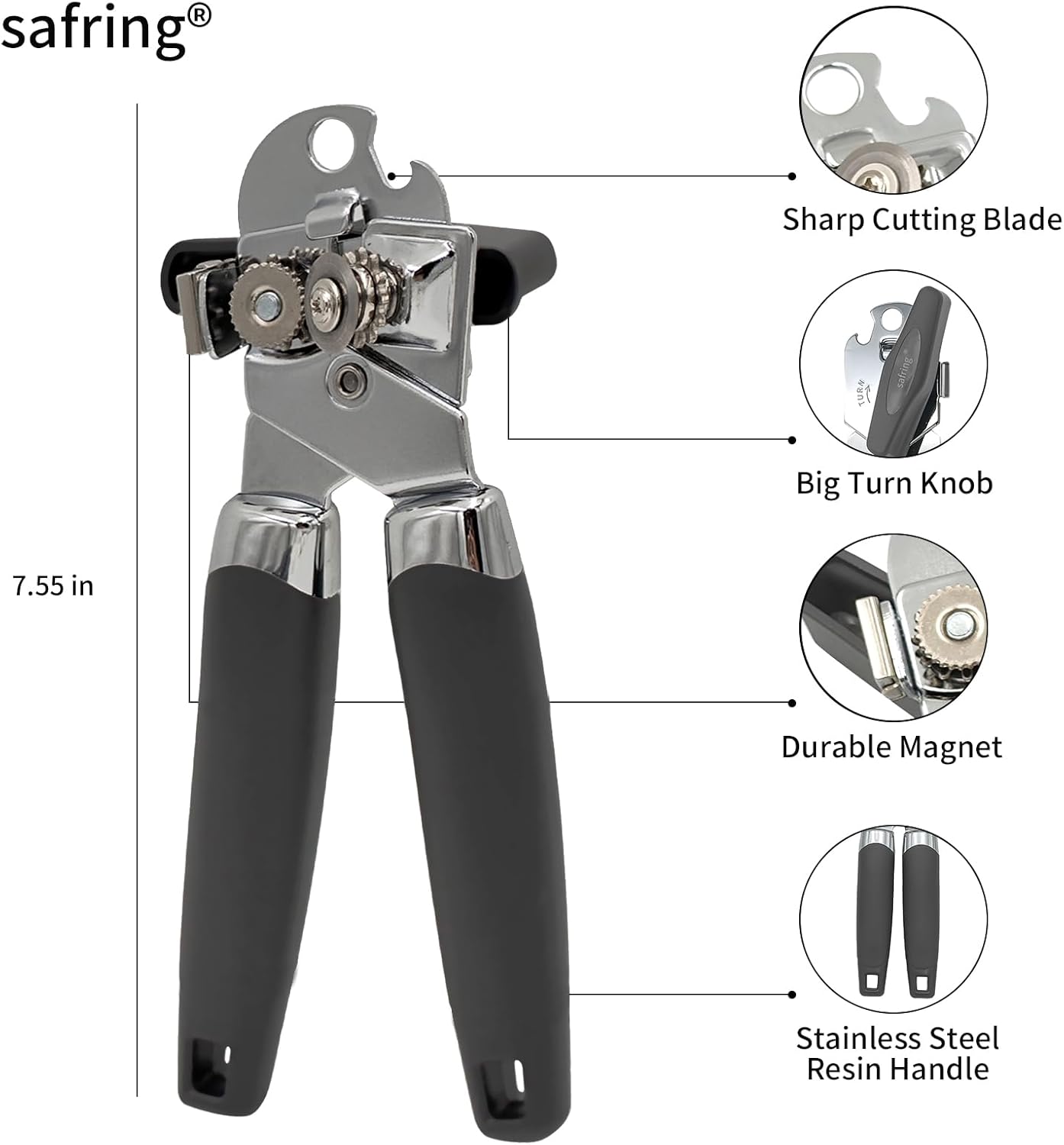 Safring Can Opener Manual with Magnet, Stainless Steel Handheld Heavy Duty Can Opener, Sharp Blade Smooth Edge, Comfortable Handle, Can Openers with Multifunctional Bottle Opener, Red