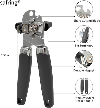 Safring Can Opener Manual with Magnet, Stainless Steel Handheld Heavy Duty Can Opener, Sharp Blade Smooth Edge, Comfortable Handle, Can Openers with Multifunctional Bottle Opener, Red