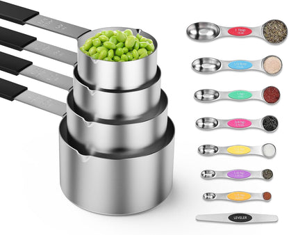 Magnetic Stainless Steel Measuring Cups & Spoons Set –(4+8)-Piece Stackable Set with Engraved Measurements – Dishwasher Safe Baking Essentials-Solid