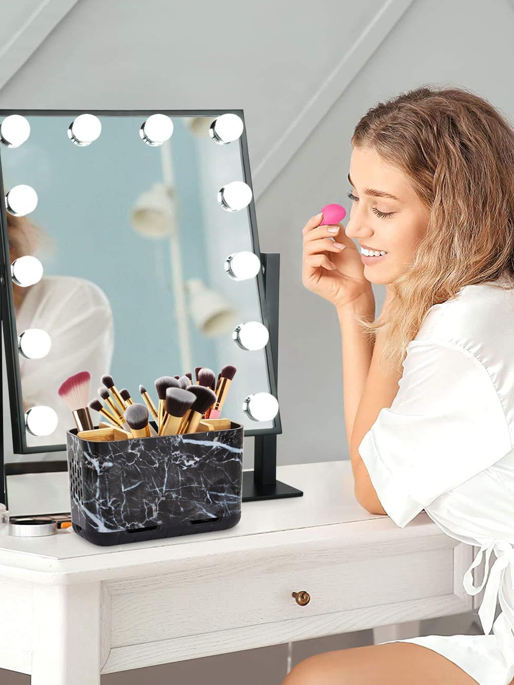 GFWARE Toothbrush Holders for Bathrooms, 5 Slots Bamboo Toothbrush Holder Kids Electric Toothbrush Holder and Toothpaste Holder for Bathroom Countertop Accessories Storage, Marble Toothbrush Organizer