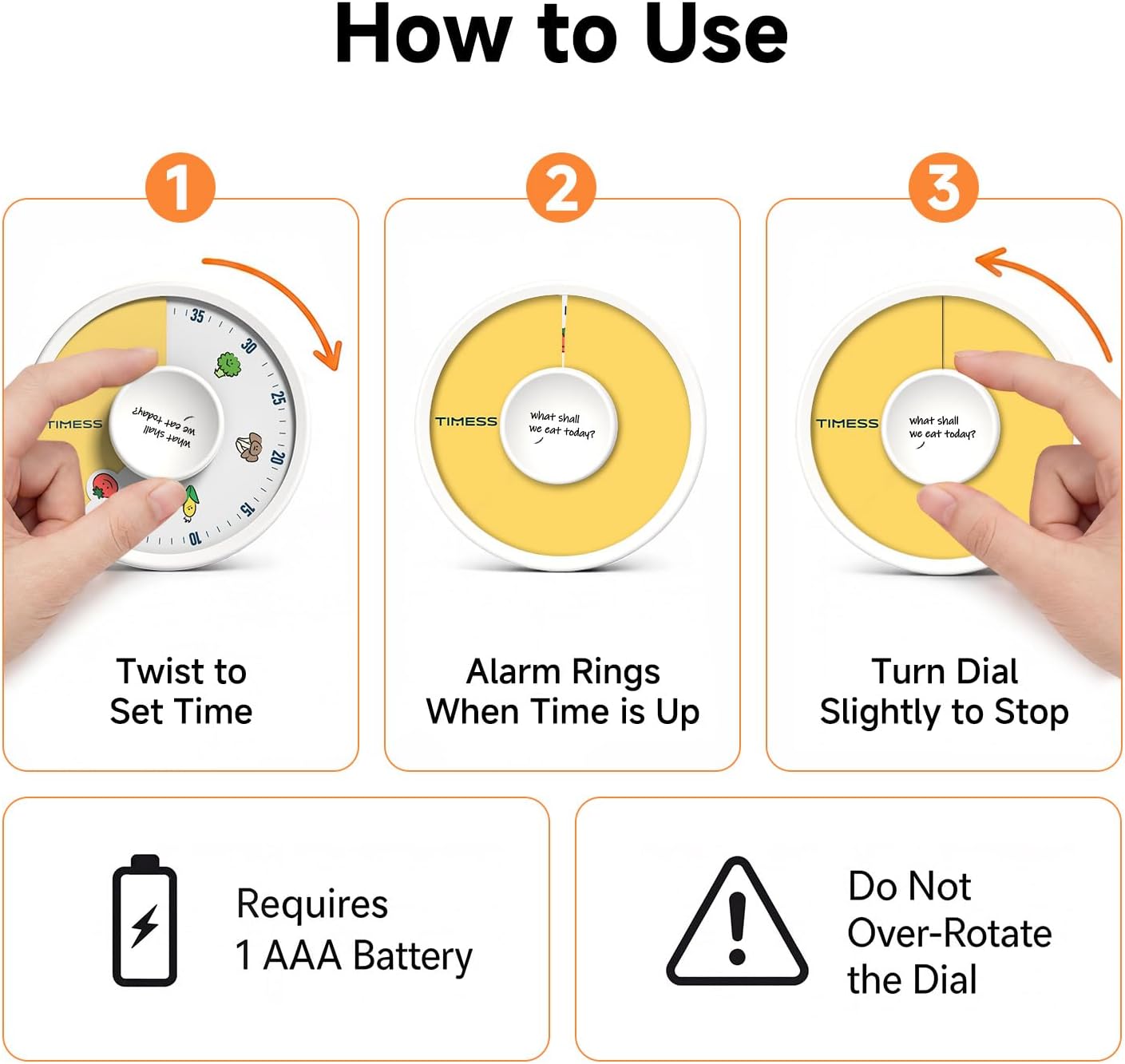 60-Minute Visual Timer, Twist to Set, Loud Battery-Powered Alarm, High-Visibility Rotary Countdown Dial for Kitchen, Work, Study & Time Management (Orange)