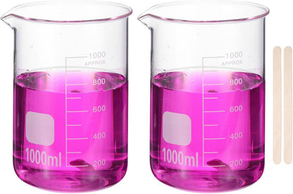 PATIKIL 250ml Glass Beaker, 2 Pack Measuring Glass Beaker Graduated Borosilicate Lab Cups Mug Low Form Heat Safe Transparent with 50pcs Wood Sticks for Laboratory Science Kitchen Liquids