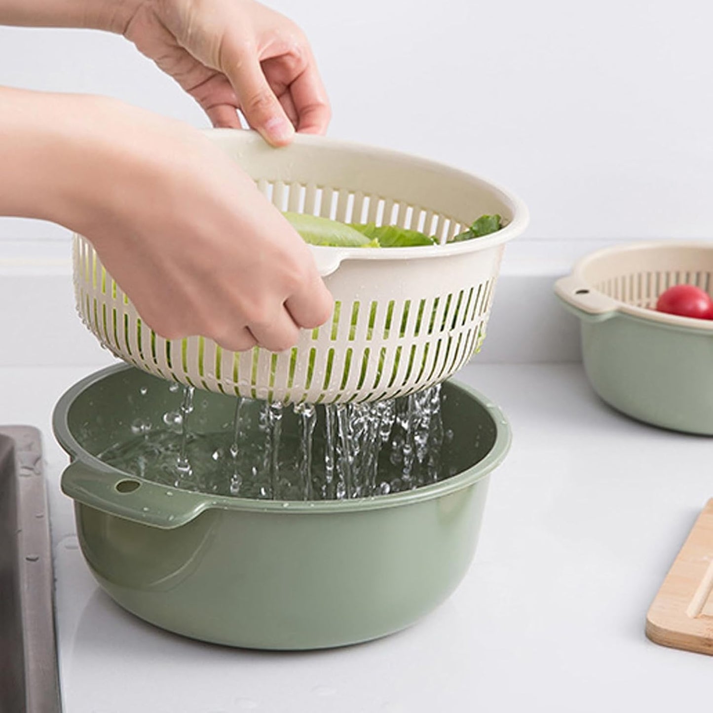 Fruits Vegetables Washing Basket, Double Layer Drain Basket Set for Kitchen Strainer Colander Bowl Cleaning Washing Mixing for Food Fruit Vegetables Pasta Spaghetti（Green）