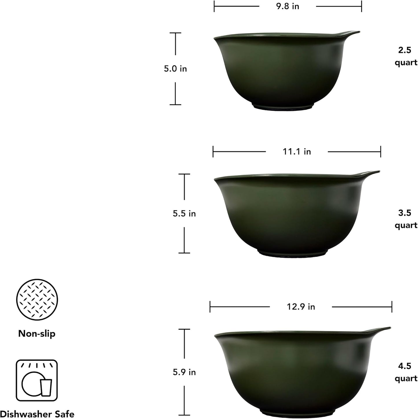 KitchenAid Universal Nesting Plastic Mixing Bowls, Set Of 3, 2.5 quart, 3.5 quart, 4.5 quart, Non Slip Base with Easy Pour Spout to Reduce Mess, Dishwasher Safe, Aqua Sky, White, Gray