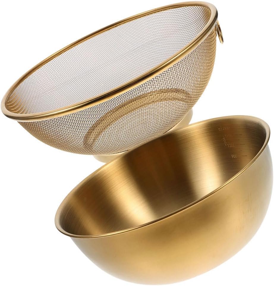 Amosfun Stainless Steel Colander Rice Strainer With Mixing Bowl - Rice Filter Basket Washing Bowl Space-saving Design Easy to Use