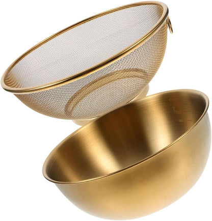Amosfun Stainless Steel Colander Rice Strainer With Mixing Bowl - Rice Filter Basket Washing Bowl Space-saving Design Easy to Use