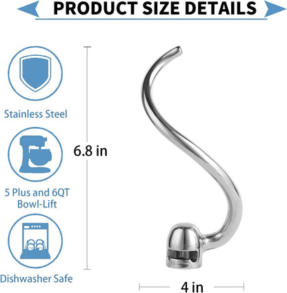 Stainless Steel 3 Piece kit Attachments，Dough Hook 6 Wire Whisk Flat Beater Compatible with KitchenAid 5 Plus -6QT Mixer，Bowl Lift Stand Mixer Accessory，Rust Resistant，Dishwasher Safe