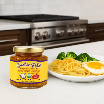 Garlic Gold Toasted Granules in Extra Virgin Olive Oil, USDA Organic Certified Minced Garlic, Sodium Free, Non GMO & Vegan, Keto & Paleo Friendly (6.4 Oz, 2 Pack)