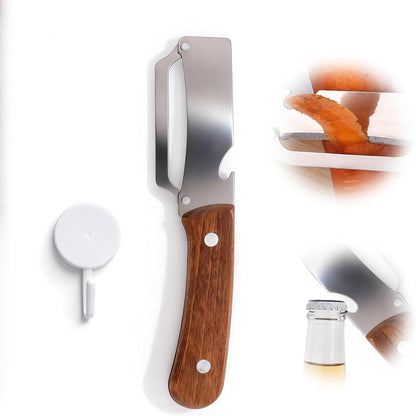 Multi-Functional Vegetable Peeler with Hook, Stainless Steel Sharp Blades Peeler with Wooden Handle & Bottle Opener Practical Kitchen Tool for Veggie Fruit Apple Potato Sugar Cane