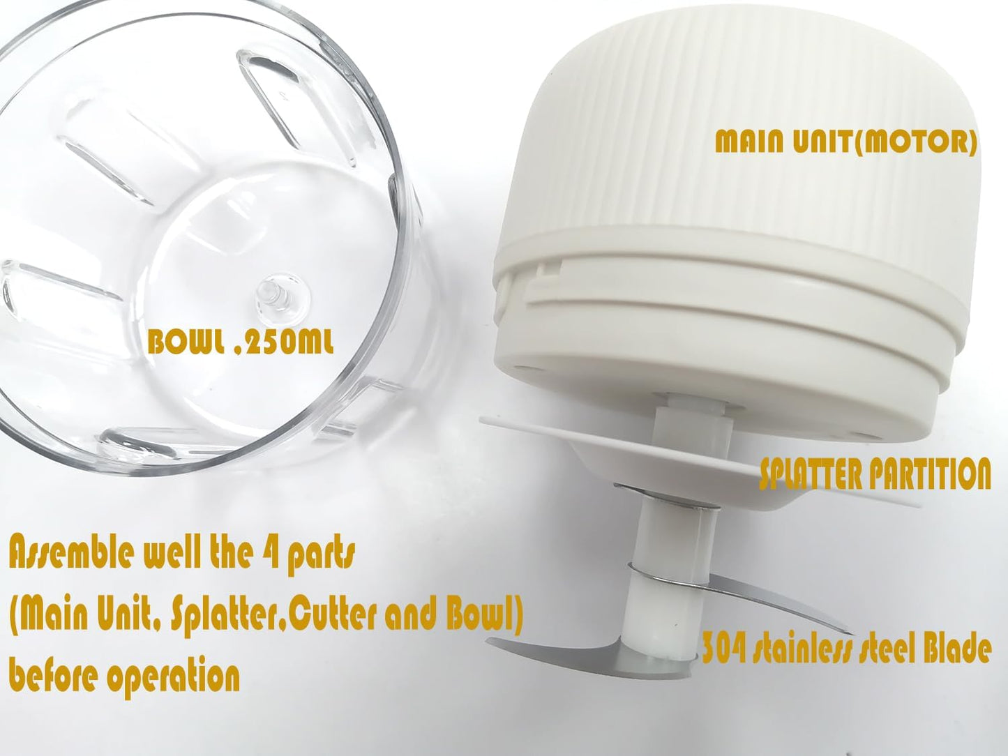 Electric Garlic Chopper , Cordless USB Chargeable Mini Food Processors 250ML (White)