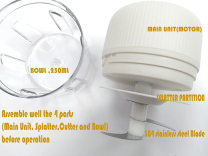 Electric Garlic Chopper , Cordless USB Chargeable Mini Food Processors 250ML (White)