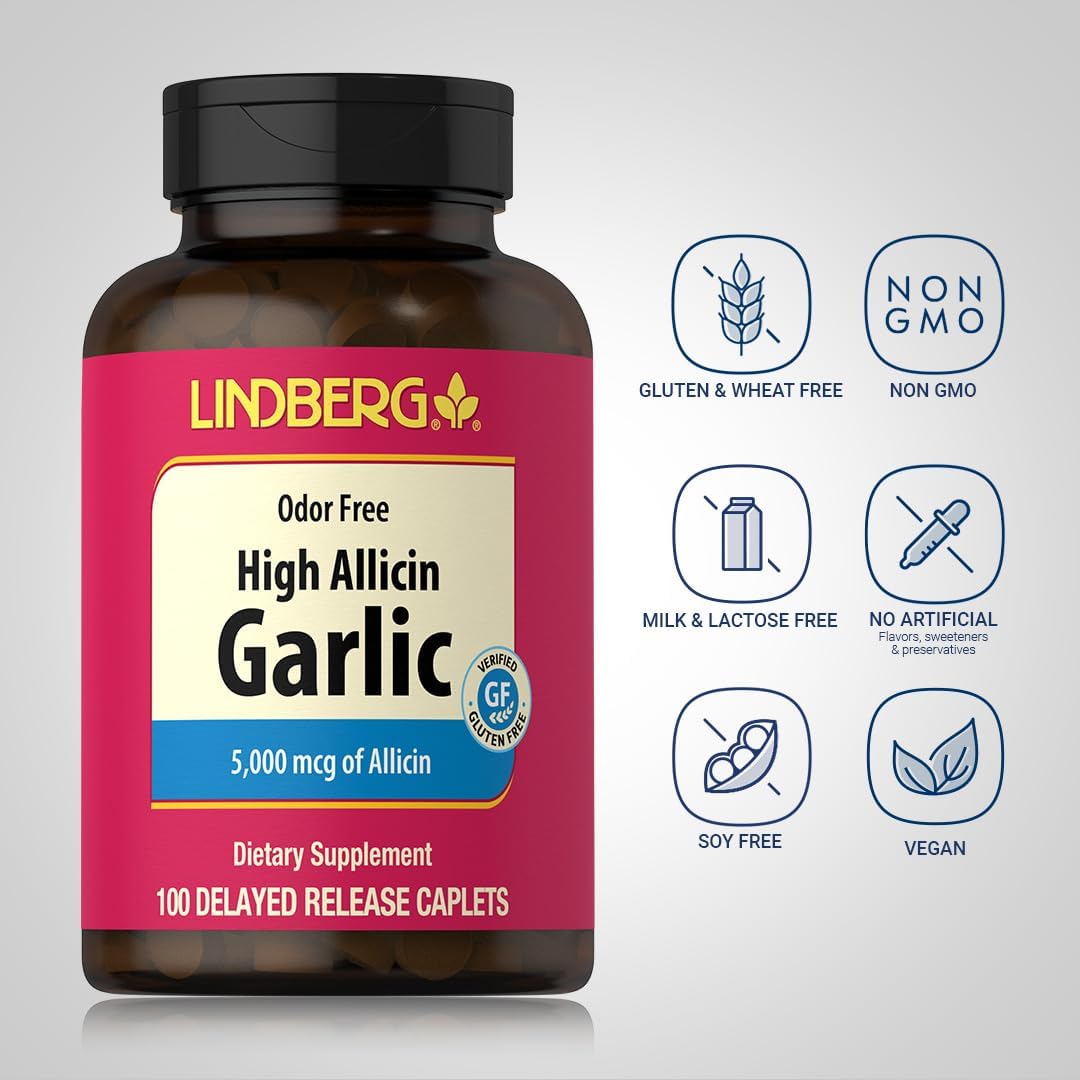 Lindberg Garlic Supplement Pills | 500mg | 100 Caplets | Odorless with High Allicin (5000mcg) | Allium Sativum Extract | Non-GMO, Gluten Free