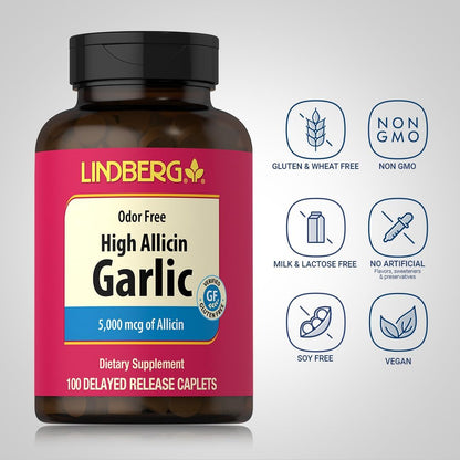 Lindberg Garlic Supplement Pills | 500mg | 100 Caplets | Odorless with High Allicin (5000mcg) | Allium Sativum Extract | Non-GMO, Gluten Free