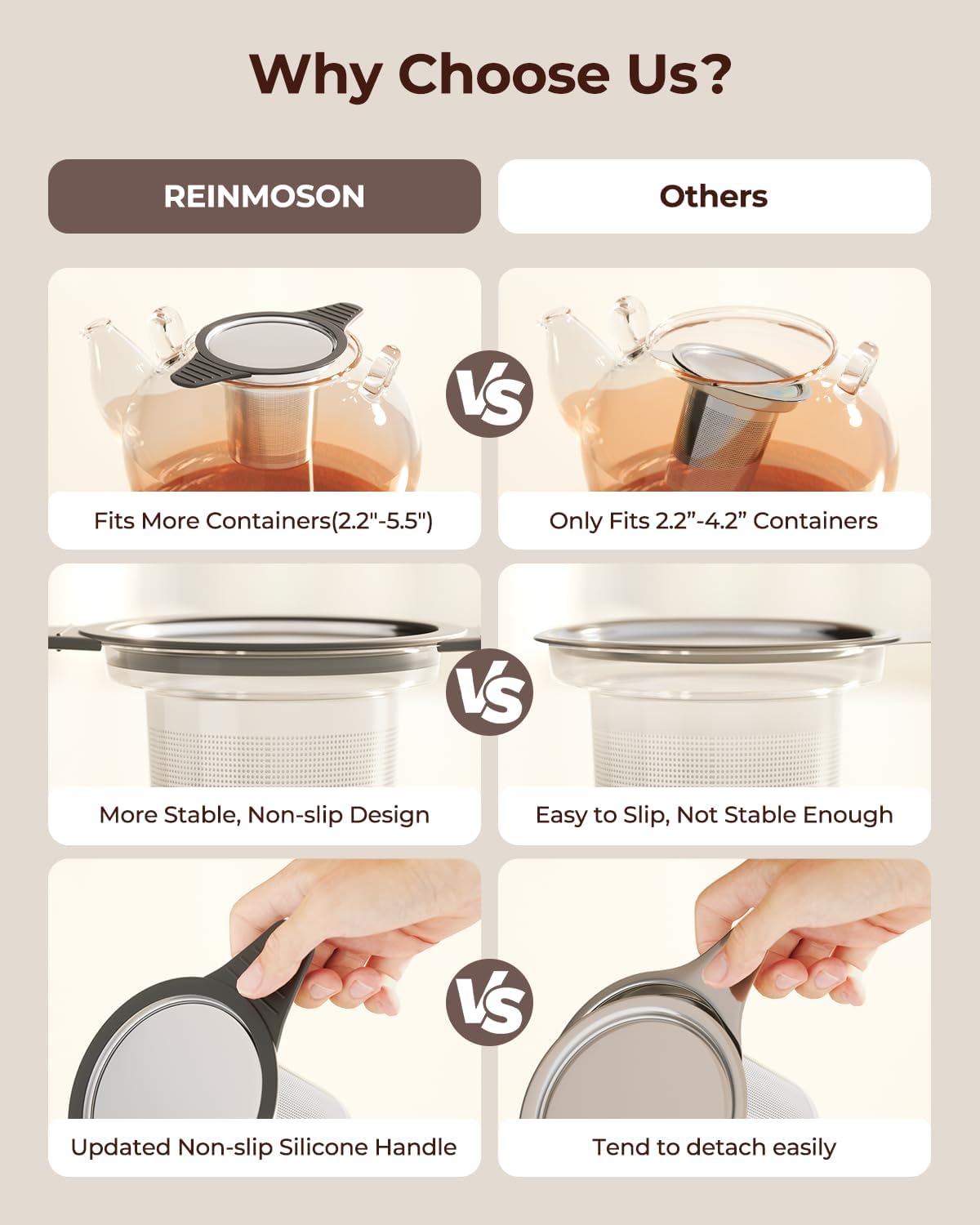 Reinmoson Extra Fine Mesh Tea Strainers & Filters for Loose Tea Single Cup, 304 Stainless Steel and Food Grade Silicone Loose Leaf Tea Steeper for Black Tea, Coffee, Rooibos, etc