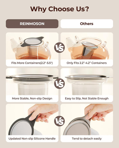 Reinmoson Extra Fine Mesh Tea Strainers & Filters for Loose Tea Single Cup, 304 Stainless Steel and Food Grade Silicone Loose Leaf Tea Steeper for Black Tea, Coffee, Rooibos, etc