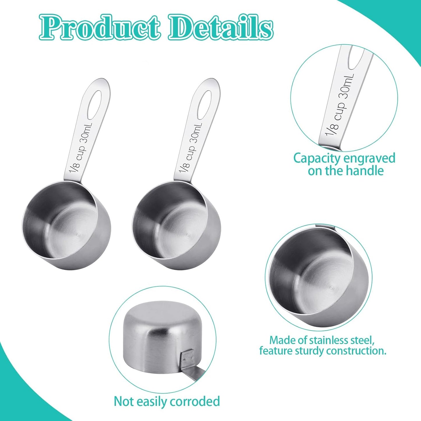 2Pcs 1/8 Cup Measuring Cup, 30ml Scoop, Stainless Steel Measuring Cups, Coffee Scoops, Measuring Scoops Tablespoon Measure Spoon, Long Handle Cooking Measuring Scoop(30ML)
