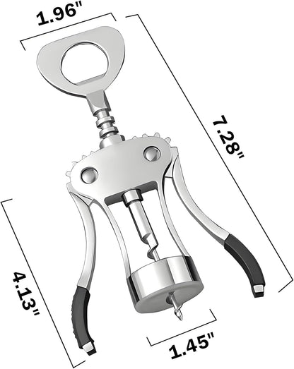 Wine Opener, Zinc Alloy Premium Wing Corkscrew Wine Bottle Opener with Multifunctional Bottles Opener, Sharp Corkscrew with Ergonomic Non-slip Wing Handle, Upgrade, Silver