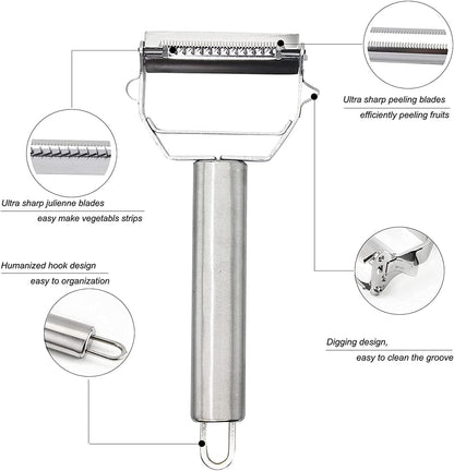 Ultra Sharp Vegetable Peeler，Stainless Steel 2 in 1 Julienne Vegetable Peeler With Brush Perfect for Carrot Potato Cucumber Gadget Vegetable Fruit (Silver)